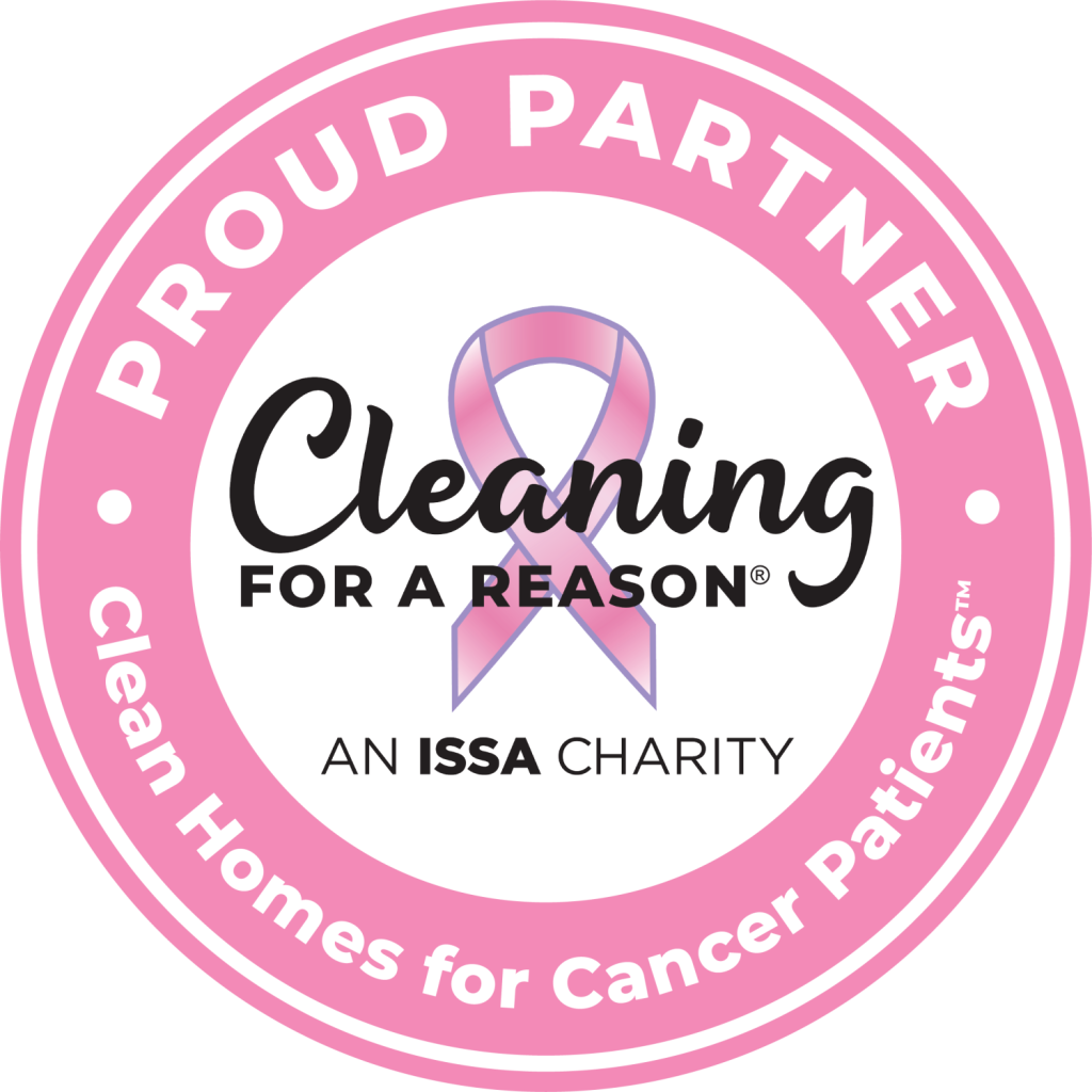 Cleaning for a reason logo in pink black and white