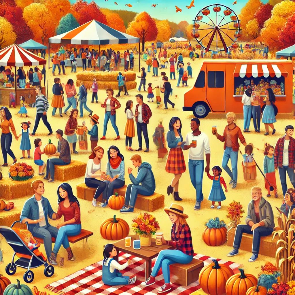 Picture of people at a fall festival, orange and red colors, pumpkins, and picnics.